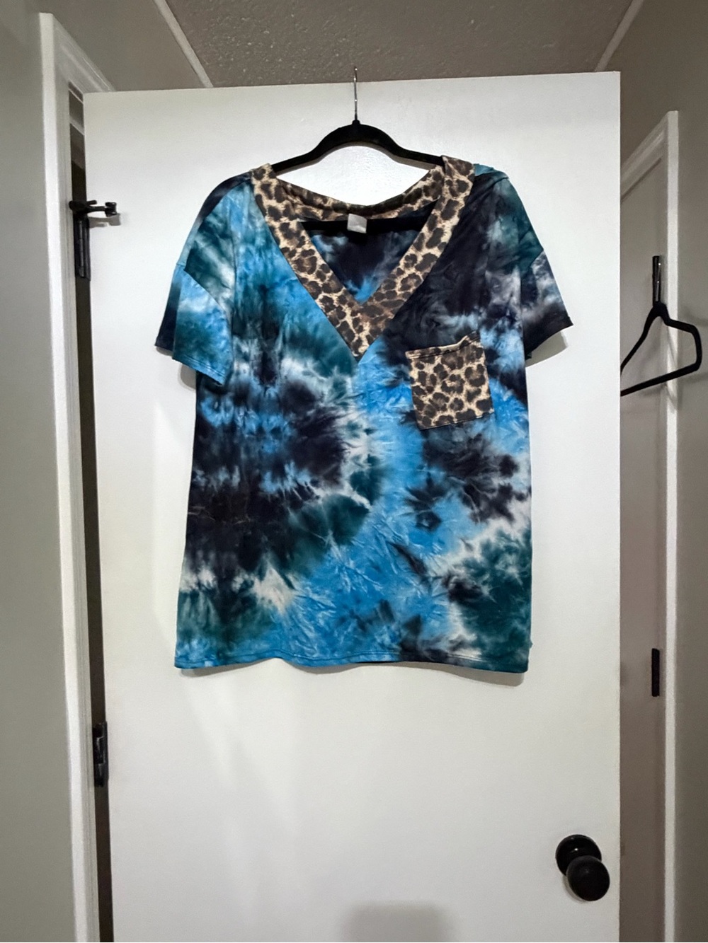 Heimish Blue & Teal Tie-Dye V-Neck Top with Leopard Trim
